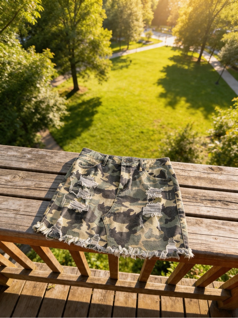 Camo Distressed Mini Skirt - Olive Green